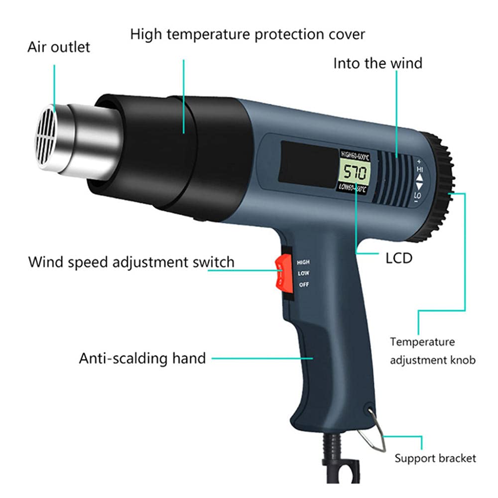 Décapeur Thermique, Pistolet à Air Chaud 2000W, Températures Réglables, 4 Buses pour Tuyaux de Décongélation/Décapage de la Peinture/Desserrage Des Carreaux de Sol, avec écran LCD Température