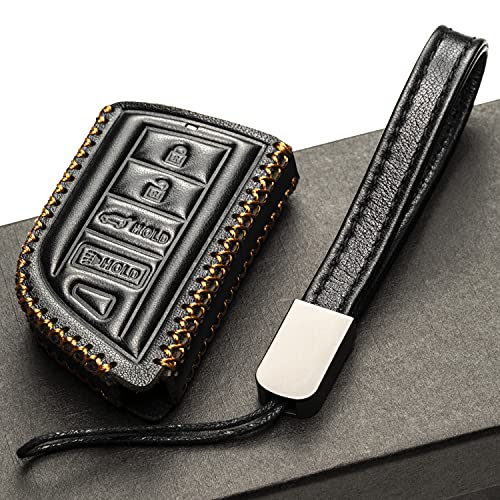 Image of Genuine Leather Smart Key Fob Case with Leather Key Strap Compatible for Acura MDX, RDX, ADX, TLX, INTEGRA - 4-Button, Black