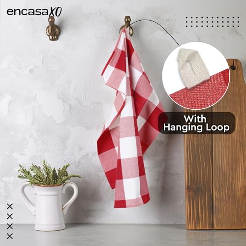 Image of Encasa XO Kitchen Towels Cotton Pack of 4 | 70x45 cm, Buffalo Red Checks - Dish Cloths | Highly Absorbent Cleaning & Wiping Cloths for Kitchen | Reusable Tea Towels