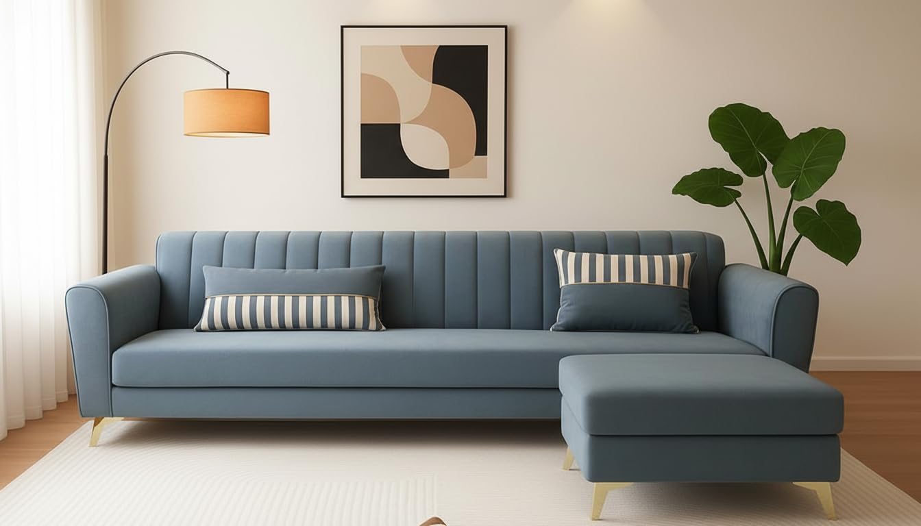 Adorn India Premium Luster 4 Seater L Shape Sofa Set | Velvet Suede Fabric | 3-Year Warranty | Color Grey with Golden Legs & Striped Pattern Cushion