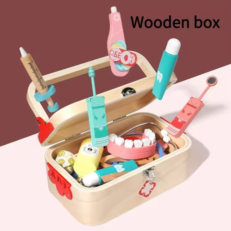 Image of Doctor Kit for Kids Wooden Dentist Set with Working Stethoscope Doctor Playset Pretend Play Doctors Set for Children, Kids Role Play Toys, Storage Doctor kit (Doctor Box Playset)