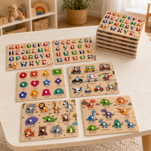 Image of Wooden Peg Puzzles for Kids Ages 3-5, 6 Pack Large ABC Alphabet Number Shape Animal Dinosaur Vehicle Puzzle Set, Preschool Learning Toys, Montessori Educational Gifts for 3 4 5 Boys Girls
