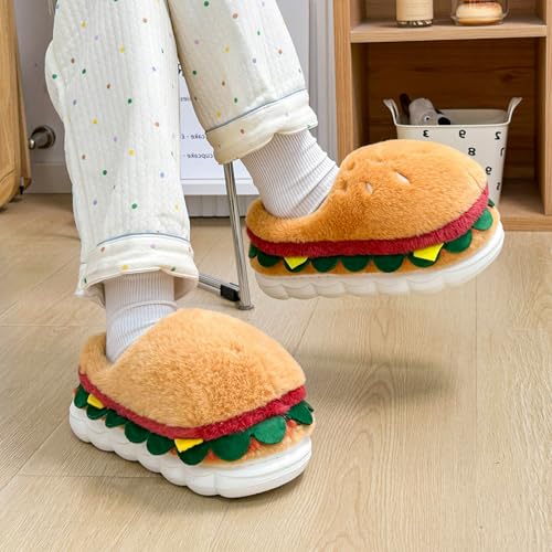 Cute Burger Fuzzy Slippers Women Cozy Warm Soft Anti-Slip Soles Indoor Outdoor Closed back Fluffy Slippers3