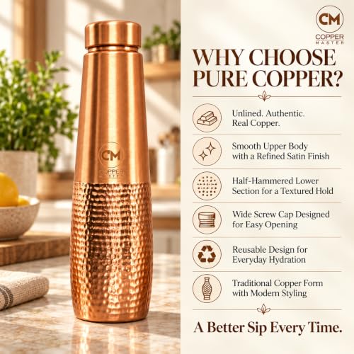 Image of Copper-Master Pure Copper Water Bottle 1L & 2 Glasses Set, Half Hammered