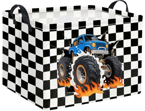 Image of Rectangular Baby Kids Storage Basket for Home Kitchen Girls Cute Toy Storage Bin Organizer Shelf Book Room Decor(Checkered Truck)
