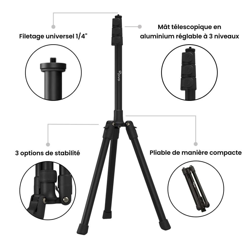 Pivo Trépied Léger de 160 cm, Extensible, pour Appareil Photo avec Filetage Universel de 1/4 Pouce Option à 3 Niveaux pour ES Caméras d'action, Les DSLR, Les Support Smartphone et Les Pivo