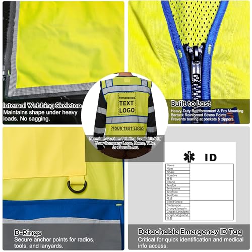 Image of A-SAFETY High Vis Reflective Safety Vest for Men Women Zipper Ipad Pockets Mesh Construction Apparel Neon Vest for Work