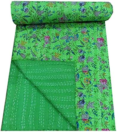 DN Handicraft Handmade Handloom daliya printed kantha Light Green Hand-Quilted Queen Size Kantha Quilt