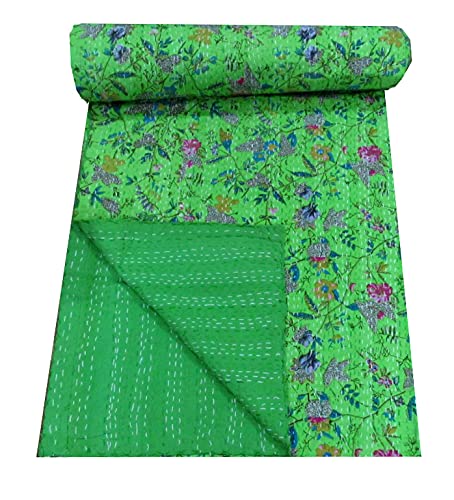 DN Handicraft Handmade Handloom daliya printed kantha Light Green Hand-Quilted Queen Size Kantha Quilt