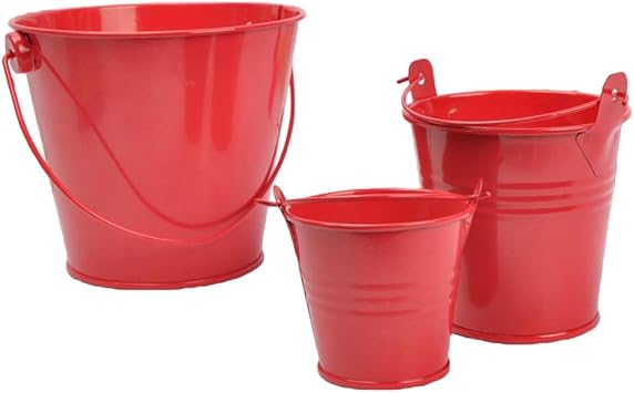 Galvanized Buckets with Handle, 3 Pack Tin Plate Iron Pail, Christmas Mini Metal Bucket, Pencil Holder, Flower Pots, Craft Supply Holders for Events, Storage Buckets for Party Favor, 3 Sizes, Red