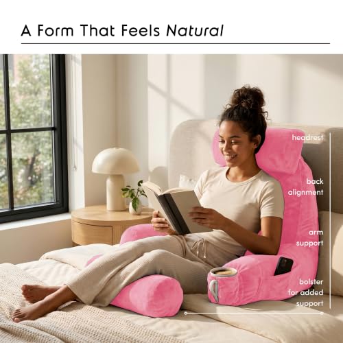 Image of Nestl Reading Pillow with Shredded Memory Foam Includes 2 Neck and Lumber Support Pillows, Designed for Sitting Up in Bed and Couch, Back and Arms Adjustable Support for Adult & Teens, Light Pink