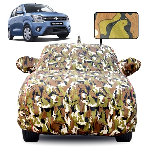 Image of Waterproof Car Body Cover for Maruti Suzuki Wagon R 2019-2026 Models, with Mirror & Antenna Pocket, All Weather Protection, UV Resistant & Dust Proof, Triple Stitch, Jungle Print