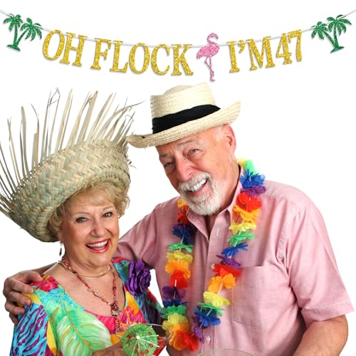 Image of Oh Flock I'm 47 Banner, Glitter Happy 47th Birthday Anniversary Party Decorations, Pineapple Celebration Decor, Hawaiian Luau Tropical Aloha 47 Theme Party Photo Props