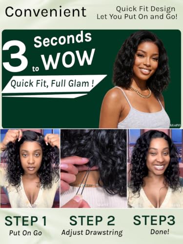 Image of KLAIYI Side Part Bob Water Wave Glueless 6x4 Lace Front Wigs Human Hair 14 inch