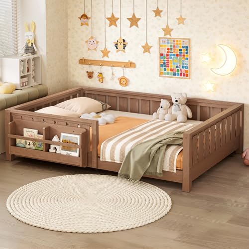 Image of Bellemave Full Size Montessori Floor Bed Frame, Kids Floor Bed Full with Bookshelf and Safety Guardrails for Girls Boys, Natural