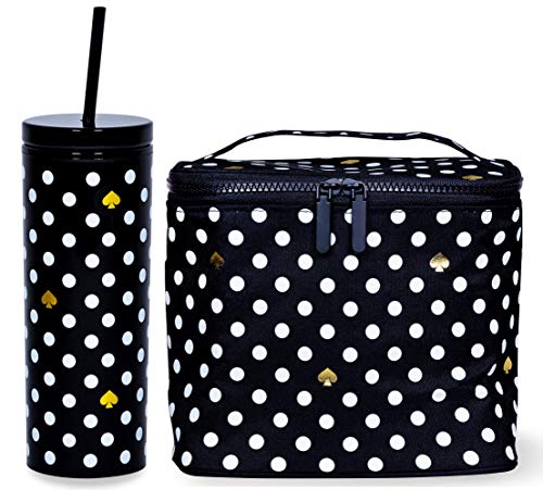 Kate Spade New York Insulated Lunch Bag and 20 Ounce Double Wall Tumbler, Thermal Lunch Tote with Interior Pocket, Travel Cup with Reusable Straw/Leak Resistant Lid, Polka Dots (Black/White)