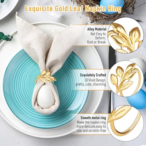 Image of Gold Napkin Rings Set of 12, Metal Leaf Napkin Ring Holders for Cloth Napkins, Fall Napkin Ring Buckles Bulk for Wedding Receptions, Christmas Thanksgiving Holiday Party Dinner Table Settings