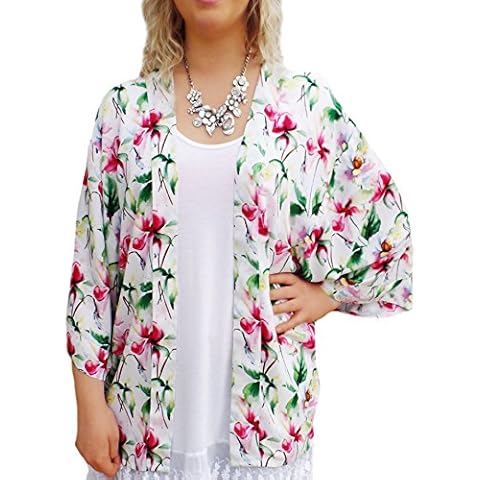 Women's White Floral Kimono Cover Up Cardigan Top in UK Plus Size 18-20 L Cover
