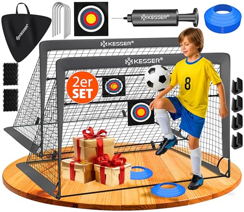 KESSER® Juego de 2 porterías de fútbol para niños, Plegables, con Barras de Fibra de Vidrio y Redes de portería para Interior, Exterior y jardín, con Bolsa de Transporte, Incl. inflador