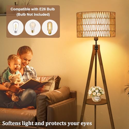 Image of LAMSU Boho Tripod Floor Lamps for Living Room, Rattan Wood Floor Lamp with Fabric Shades, Mid Century Standing Lamp with Shelf, Foot Switch, Modern Farmhouse Tall Lamps for Bedroom Office Brown