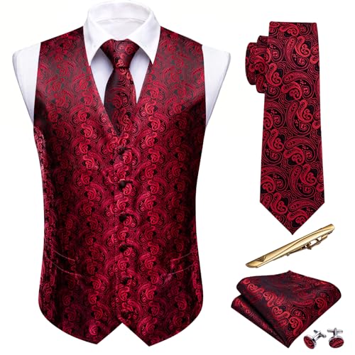 Image of Barry.Wang Men's Suit Vest Formal /Leisure Paisley Jacquard Silk Tie Pocket Square Waistcoat Set Wedding 5PCS