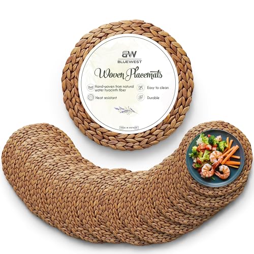 Image of Bluewest Woven Placemats, Water Hyacinth, Set of 14, 13 in, Brown | Round Braided Table Mats with a Heat-Resistant, Anti-Slip Design for Protecting and Decorating Dining Tables