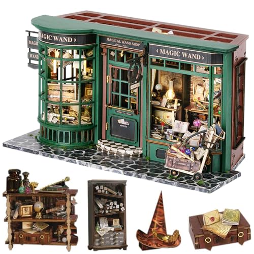 Lannso DIY Dollhouse Miniature Kit, Doll House Kit with Dust Proof Cover, Magic Wand Shop, Mini...
