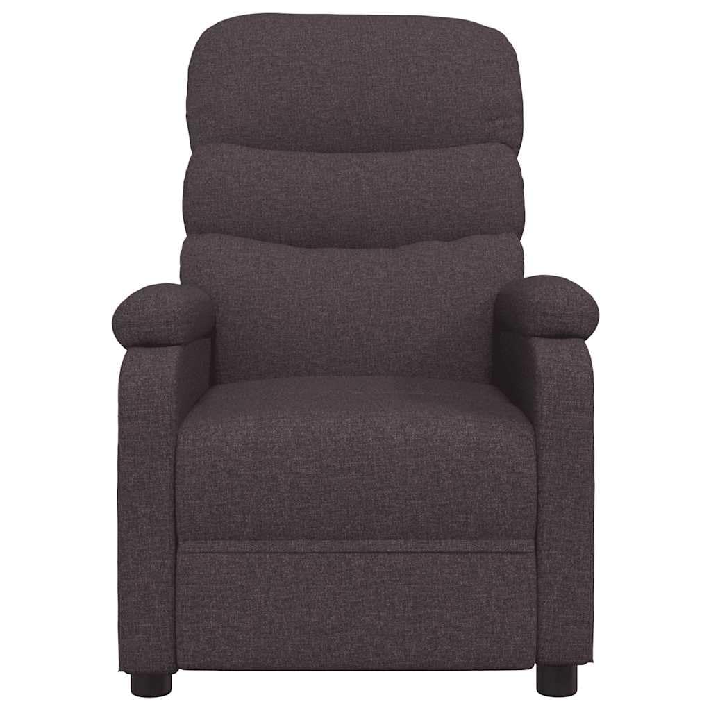 Fotel relaksacyjny, ciemnobrązowy materiał z regulowaną funkcją leżenia, ergonomiczna tapicerka, rama drewniano-metalowa, wygodny mebel do siedzenia do salonu, biura, kącika do czytania i