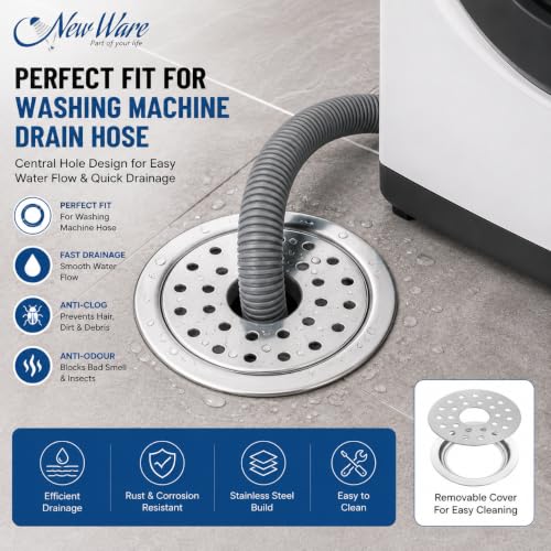 Image of NEW WARE 5 Inch Round Stainless Steel Floor Drain with Central Hole & Lock | Heavy Duty Anti Clog Chrome Finish SS Drain Jali for Bathroom, Kitchen, Balcony, Utility, Terrace & Outdoor Drain Cover