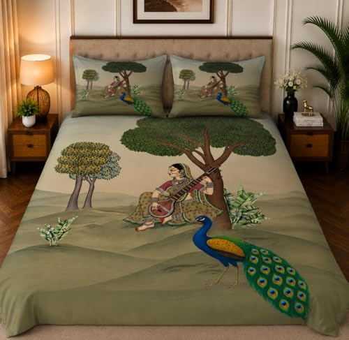 Image of 7D Digital Printed King Size Bedsheet with 2 Pillow Covers | Soft Premium Cotton Feel Microfiber Double Bed Bedsheet | Breathable, Wrinkle Free & Fade Resistant | (Ethnic, KingSize-225x250CM)