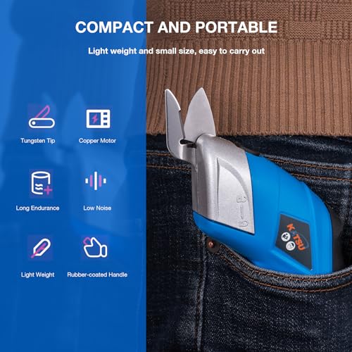 KATSU Tools Elektrische Kabellose Stoffschere 3,6V Wiederaufladbarer mit 2 Schneidklinge aus legiertem Stahl Akku-Schere für Stoffen Papier Karton Leder Kunststoff
