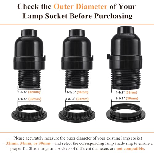 image for DiCUNO Lamp Shade Rings, E26 Light Socket Collar Ring, Black Threaded 