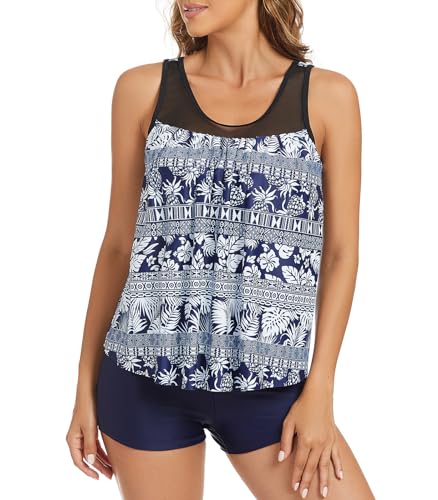 Adigaber Traje De Baño Mujer Bañador de 2 Piezas Tankinis Swimsuit Flores Impresión Top y Short Mesh Swimwear Beachwear