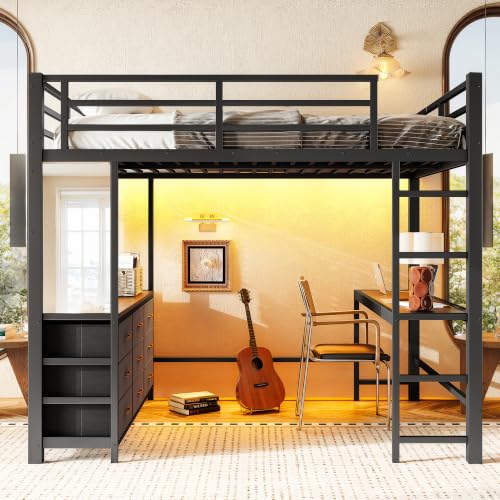 Image of Bellemave Full Size Loft Bed Frame with Desk and Storage Drawers,Black