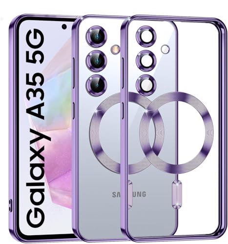 Image of VONZEE Clear Logo Electroplating Transparent Case for Samsung Galaxy A35 5G, Magnetic Plating Electroplate TPU Cover, Individual Camera Protection for Each Lens- Deep Purple