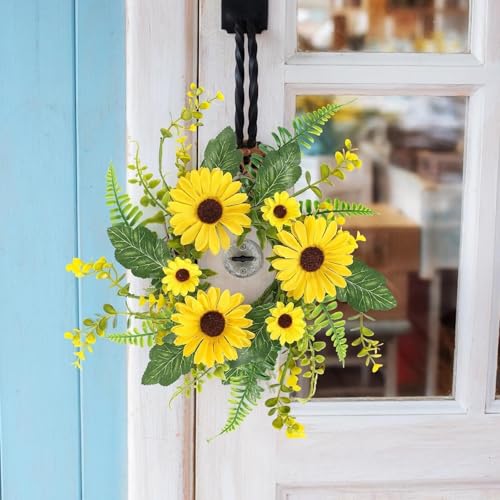 Image of 6Pcs Sunflower Wreath for Front Door Artificial Sunflower Spring Summer Table Centerpieces Wreath Fake Yellow Floral Candle Rings Wreaths for Pillars Cabinets Wedding Table Home Decor