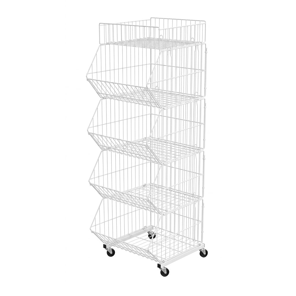 Display Guru White 4/5 Tier Collapsible Metal Wire Stacking Baskets Dump Bins Storage Unit Shop Retail Display (, 5-Tier Basket)