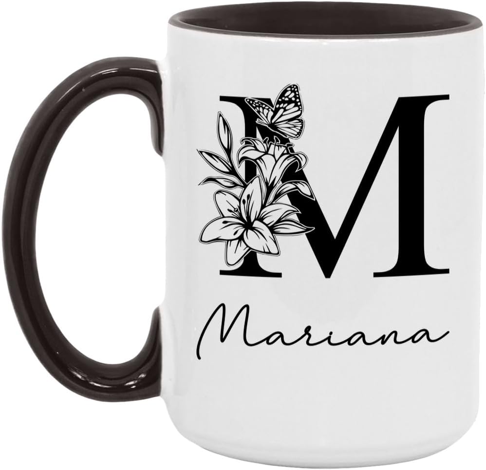 Mariana Personalized Name Mug, Custom Monogram Initial M Coffee Mug For Women, Floral Alphabet Letter White/Black 15oz Ceramic Tea Cup