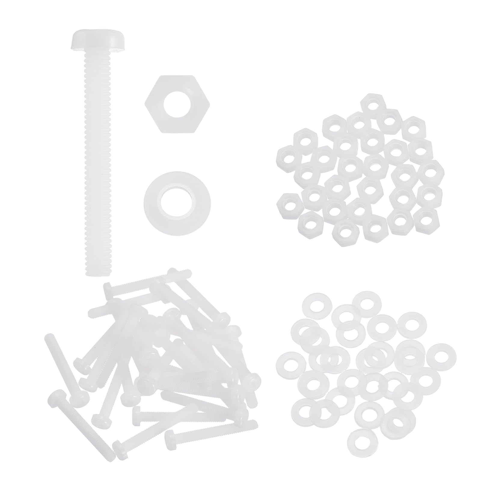 sourcing map 30 Set M4x30mm Nylon PA66 Plastic Cross Round Head Screw Phillips Bolts Hex Nuts Flat Washers Assortment Kit, Metric Full Thread Bolt Fasteners for DIY Machine Assembly, White