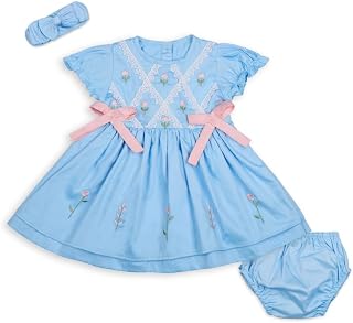 My Milestones Odette Baby Girl Dress Set | 100% Cotton Blue Floral Embroidered Dress with Lace Bodice, Pink Bow Detail, Bl... Price In India