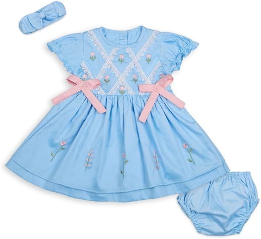 My Milestones Odette Baby Girl Dress Set | 100% Cotton Blue Floral Embroidered Dress with Lace Bodice, Pink Bow Detail, Bl...