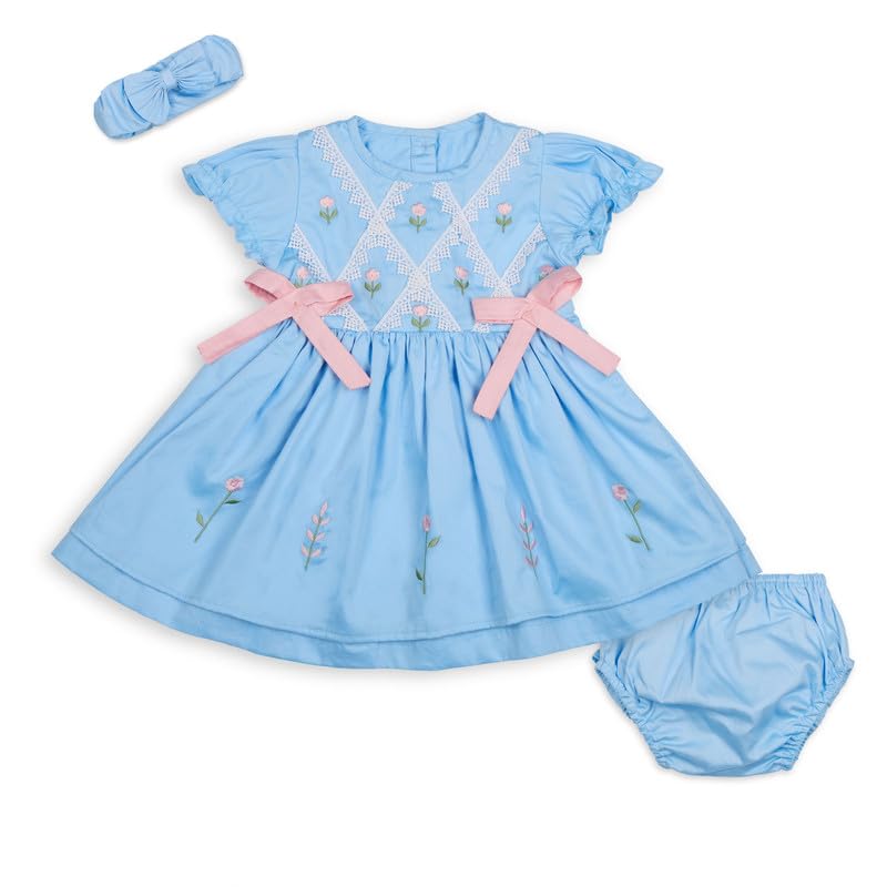 My Milestones Odette Baby Girl Dress Set | 100% Cotton Blue Floral Embroidered Dress with Lace Bodice, Pink Bow Detail, Bl... - Review, Price and Buying Guide