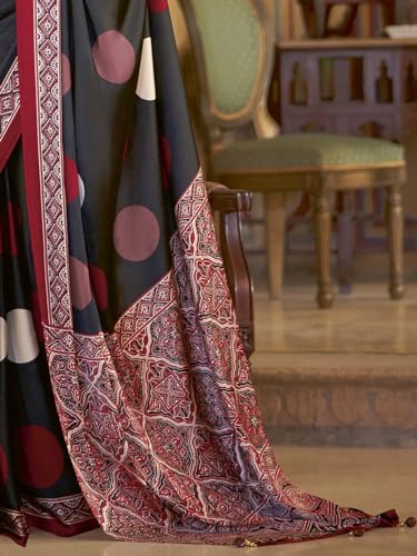 Image of SAREE MALL Women's Ajrkh Print Satin Crepe Polka Dot Printed Saree With Unstitched Blouse Piece