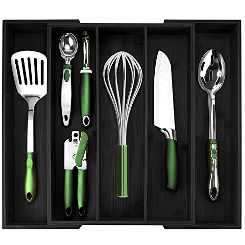 PRISTINE BAMBOO Silverware Organizer - Kitchen Drawer Organizer - Cutlery Organizer in Drawer - Silverware Organizer, Flatware Silverware Holder, Expandable Adjustable Wooden Dividers (5-slots, Black)