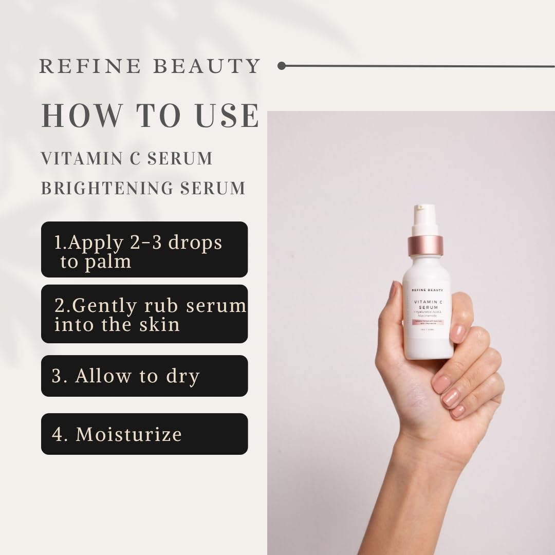 REFINE BEAUTY Vitamin C Serum with Hyaluronic Acid + Niacinamide for dark spots, fine lines and wrinkles to improve skin texture and tone - Vegan, Cruelty-Free 1 oz.