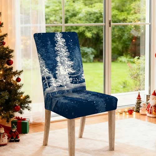Image of Nuxovilar 4PCS Winter Pine Tree Starry Night Stretch Chair Covers | Holiday Slipcover Nature Protector Pine Wrap Seat Guard Dining Room Family Dinner Gathering (Starry Pine)