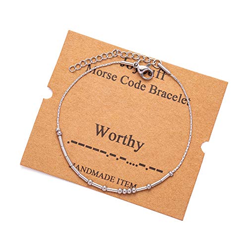 Image of JoycuFF Inspirational Morse Code Bracelets for Women Silver Beads Jewelry Encouragement Mantra Gifts for Her