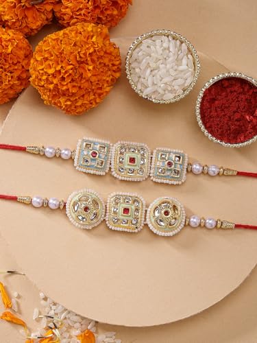 Image of Sukkhi Rakhi Traditional Kundan & Pearls Designer Meenakari Gold Plated Premium Rakhi for Brother with Roli Chawal & Greeting Card | Rakhi for Brother /Bhaiya /Bhai /Men|Rakhi Combo-Set of 2