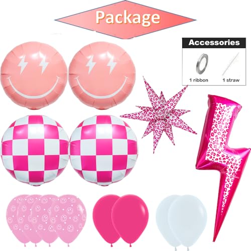 Image of Pink Lighting Smile Face Balloons /Pink Leopard Lighting Bolt,Checkered Balloons For Happy Dude Birthday /Preppy Y2K Party Decoration,Little Miss Threenager Girl Party,Bad Two The Bone Girl Decor