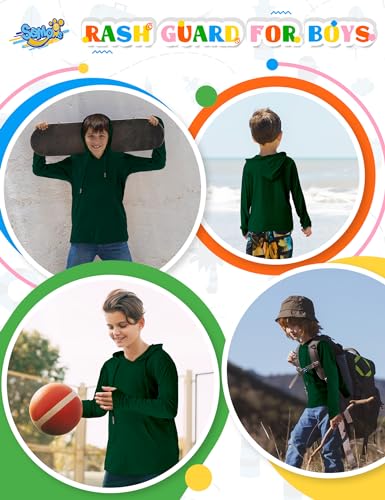 Image of Boys Hoodie Rash Guard Swim Shirts Kids Long Sleeve Hoodie UPF 50+ Sun Protection SPF Fishing Shirts Thumb Holes Grass Green 6-8Y